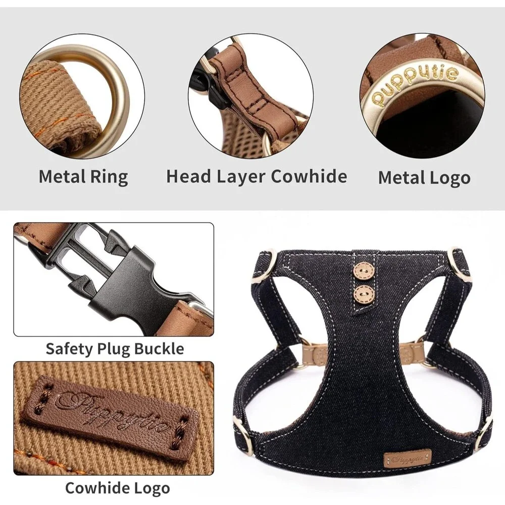 Puppytie Dog Harness Multifunction Leash Set Black Denim Small No Pull